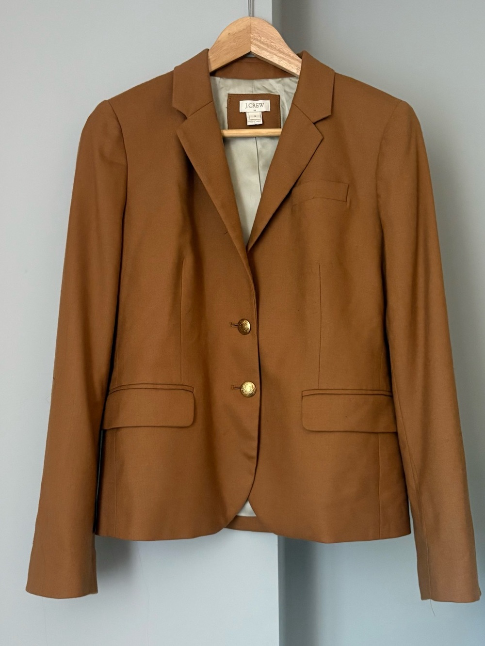 J.Crew Schoolboy Blazer Camel Wool Blend Gold Buttons Size 4